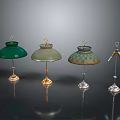Chandeliers With Different Designs Green Light Green Plaid Pattern Shades Metal Bases Dark Background Reflections