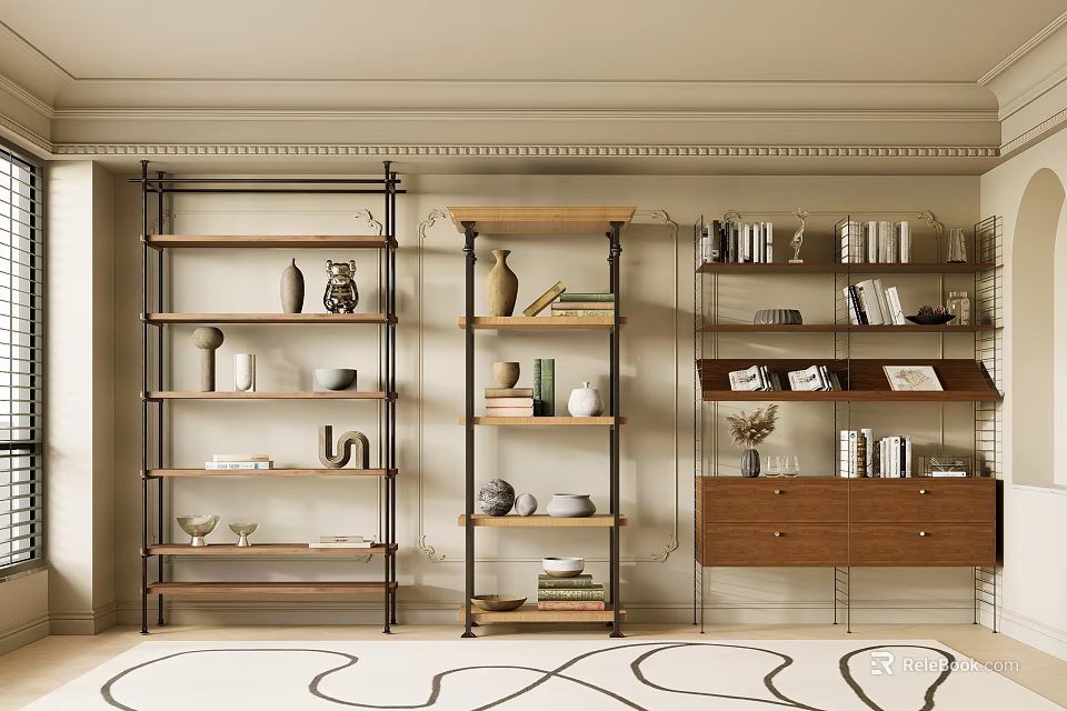 Modern Metal and Wooden Shelving Units With Multi Tier Storage For Home Decor 3d model 