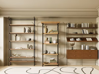 Modern Metal and Wooden Shelving Units With Multi Tier Storage For Home Decor 3d model