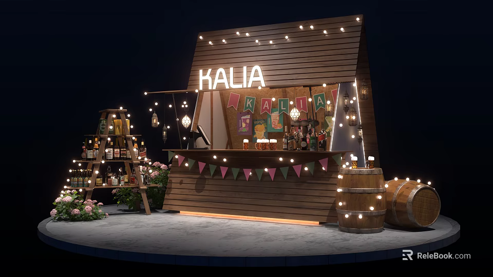 HALIA Wooden Stall Decorated With String Lights Bunting Flags Wine Barrels And Flowers 3d model 