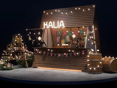HALIA Wooden Stall Decorated With String Lights Bunting Flags Wine Barrels And Flowers 3d model