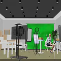Public Office Space With Green Screen Lighting Equipment Work Tables And Seating