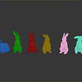 Six Copper Colored Rabbit Sculptures In Various Poses With Black Background Reflections