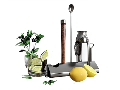 Fresh Lemons And Mint Leaves For Citrus Cocktail Making With Bartending Tools And Glass 3d model