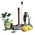 Fresh Lemons And Mint Leaves For Citrus Cocktail Making With Bartending Tools And Glass