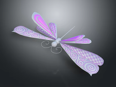 Dragonfly With Purple And Pink Wings Featuring Swirl And Checkered Patterns In Decorative Design 3d model