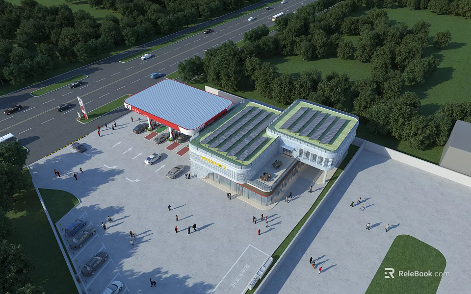 Aerial View Planning of Commercial Complex With Solar Panel Roofs Parking Lot and Greenery 3d model 
