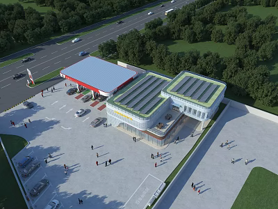 Aerial View Planning of Commercial Complex With Solar Panel Roofs Parking Lot and Greenery 3d model