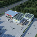 Aerial View Planning of Commercial Complex With Solar Panel Roofs Parking Lot and Greenery