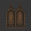 Gothic Style Wooden Bookcase with Double Arch Top Pointed Spires and Ornate Pillar Details