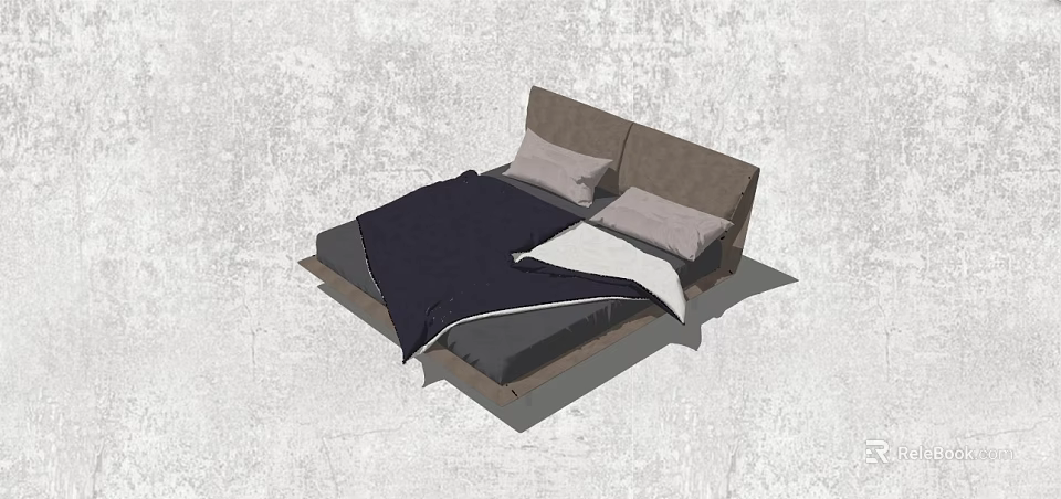 Modern Double Bed With Dark Bedspread Light Pillows And Fabric Headboard 3d model