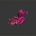 Cute Pink Cartoon Octopus With Curled Tentacles On Dark Background And Happy Expression