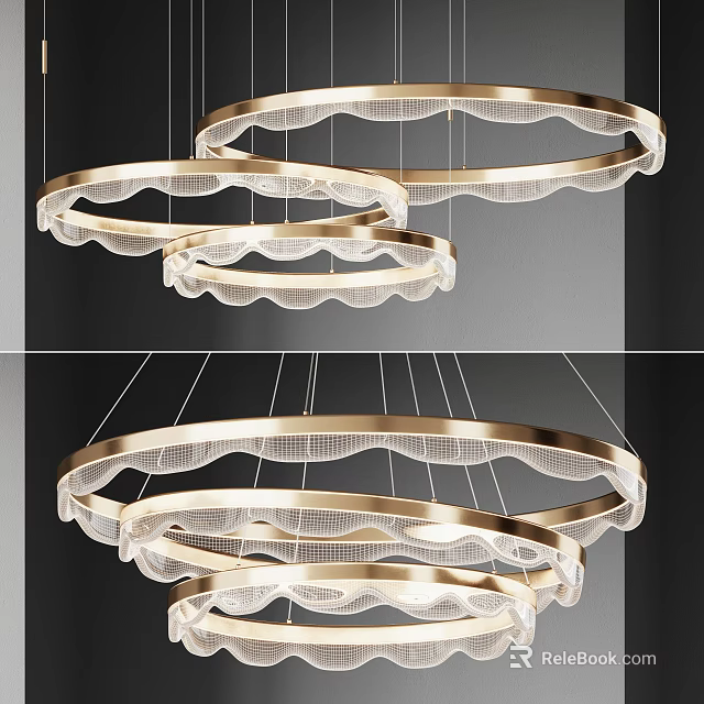 Elegant Modern Circular Pendant Light With Multiple Gold Rings Wavy Design And Soft Lighting 3d model 