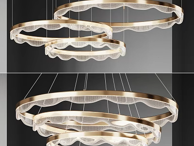 Elegant Modern Circular Pendant Light With Multiple Gold Rings Wavy Design And Soft Lighting 3d model
