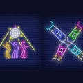 Colorful Neon Decorative Lights With Disco Ball Dancing Figures And Cross Design On Brick Wall