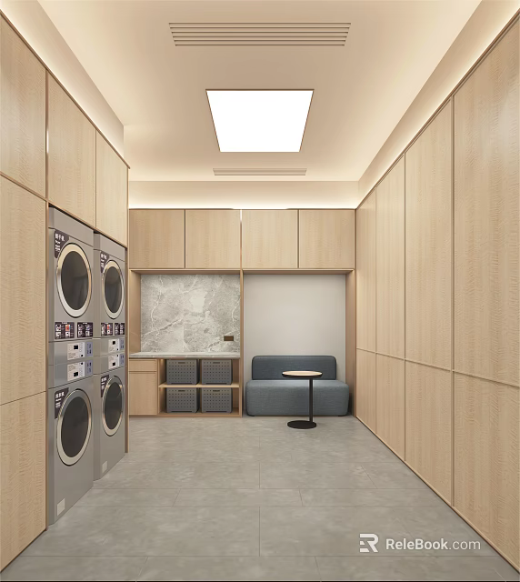 Contemporary Laundry Room Featuring Washing Machines Wooden Cabinets And Marble Countertop 3d model 