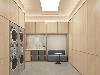 Contemporary Laundry Room Featuring Washing Machines Wooden Cabinets And Marble Countertop 3d model