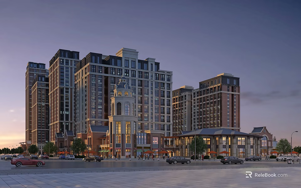 Modern High Rise Residential Complex With Glass Curtain Walls And Street View 3d model 