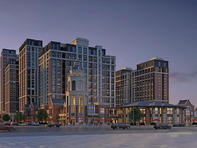 Modern High Rise Residential Complex With Glass Curtain Walls And Street View 3d model