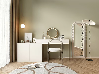 White Dressing Table Interior With Round Mirror White Chair Patterned Rug and Wooden Floor 3d model