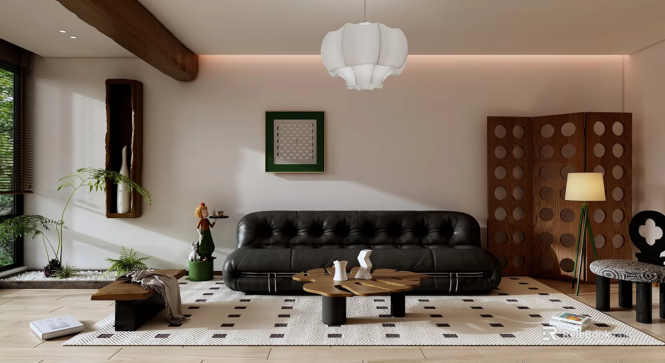 Warm Living Room Interior With Black Leather Sofa Wooden Coffee Table And White Pendant Light 3d model 