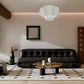 Warm Living Room Interior With Black Leather Sofa Wooden Coffee Table And White Pendant Light