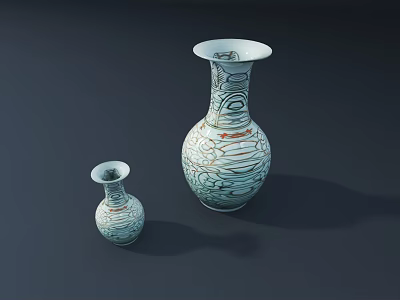 Two Ceramic Vases Large And Small With White Base Green Red Patterns On Dark Background 3d model