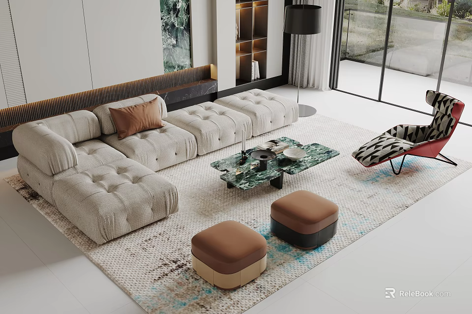 Modern Beige Upholstered Sofa and Marble Coffee Table Set with Brown Ottoman Stools 3d model
