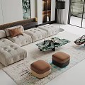 Modern Beige Upholstered Sofa and Marble Coffee Table Set with Brown Ottoman Stools 3d model