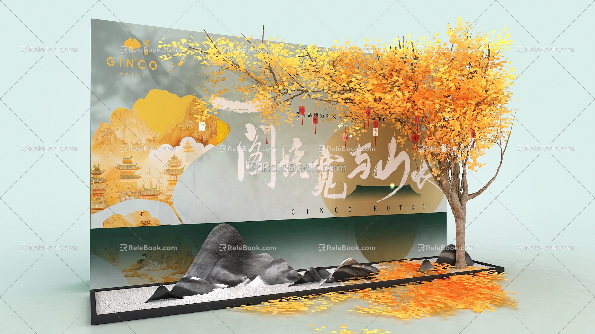 Chinese-style clock-in point atmosphere wishing tree ginkgo tree Zen landscaping yellow deciduous photo area 3d model