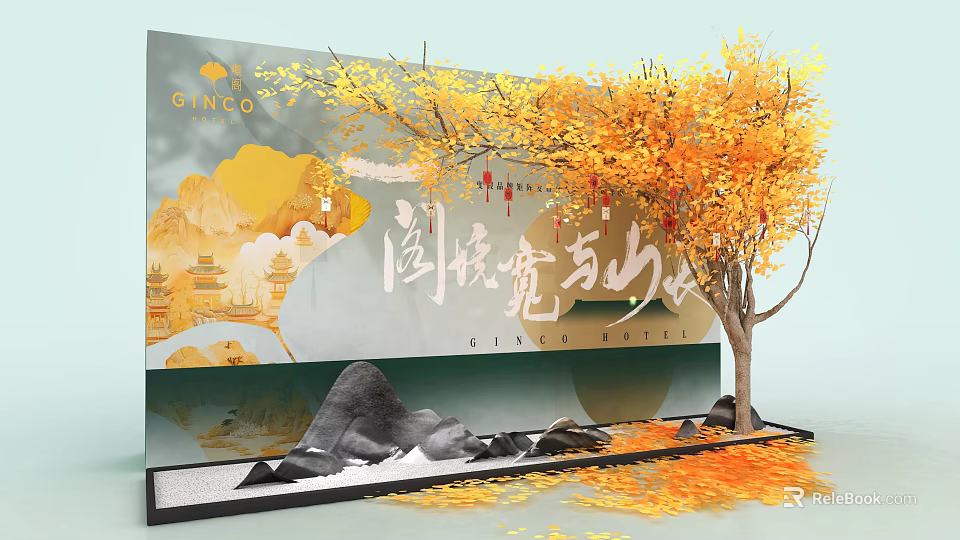 Floral Installation Featuring Ginkgo Tree Yellow Lanterns Landscape Backdrop Rockery And Fallen Leaves 3d model 