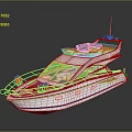 Wooden Boat 3D Rendering with White Hull Blue Stripe and Orange Lifebuoys on Deck