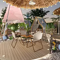 Outdoor Restaurant With Thatch Roof Tent Structure String Lights And Green Plants