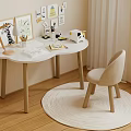 White Kids Desk with Chair Stationery Artwork and Round Rug on Wooden Floor