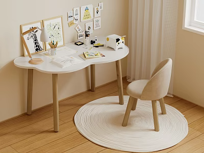 White Kids Desk with Chair Stationery Artwork and Round Rug on Wooden Floor 3d model