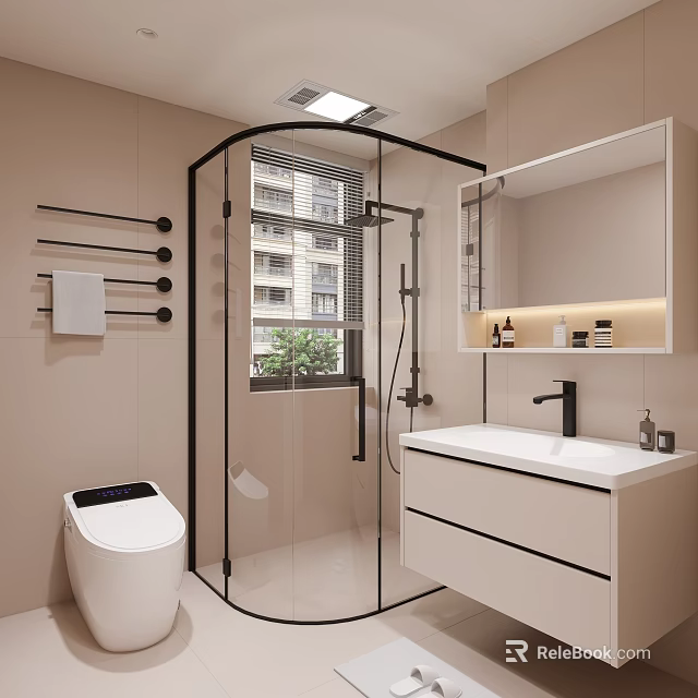 Modern Bathroom With Glass Shower Enclosure Smart Toilet White Vanity And Beige Tiled Walls 3d model 