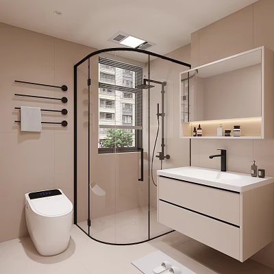 Modern Bathroom With Glass Shower Enclosure Smart Toilet White Vanity And Beige Tiled Walls 3d model