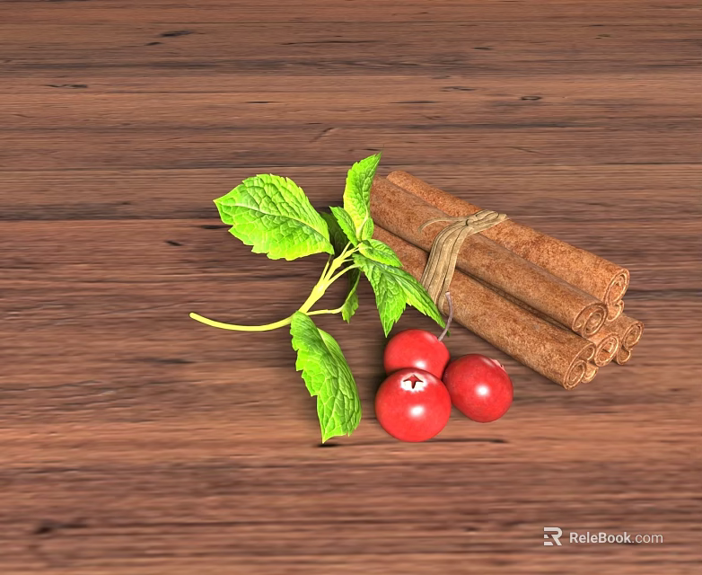 Decorative Ornament Set With Green Leaves Red Cherry Tomatoes And Cinnamon Sticks On Wooden Background 3d model 