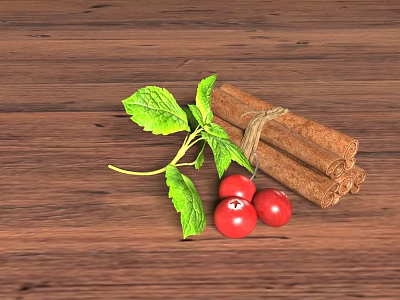 Decorative Ornament Set With Green Leaves Red Cherry Tomatoes And Cinnamon Sticks On Wooden Background 3d model