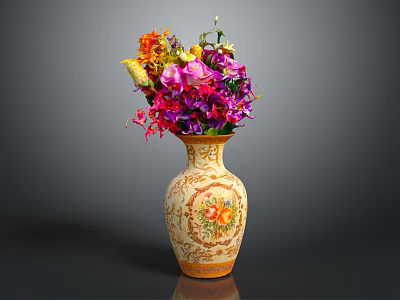 Vibrant Assorted Flowers Placed In Decorative Vase With Yellow Gold Floral Patterns 3d model