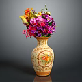 Vibrant Assorted Flowers Placed In Decorative Vase With Yellow Gold Floral Patterns