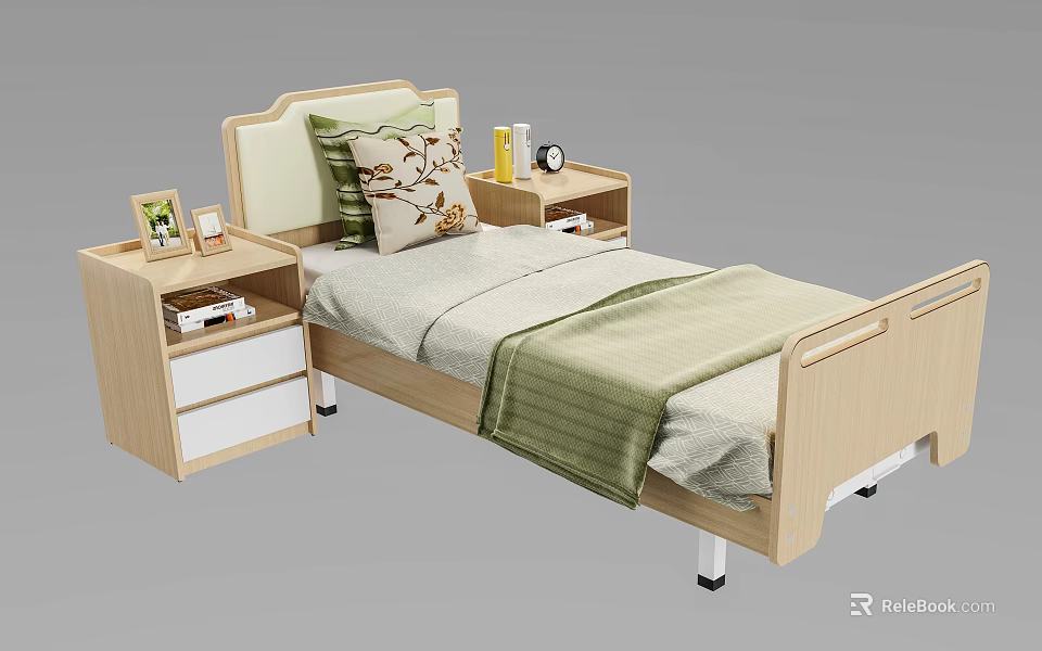 Wooden Single Bed with Upholstered Headboard Bedside Tables Patterned Pillow and Green Blanket 3d model 