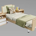 Wooden Single Bed with Upholstered Headboard Bedside Tables Patterned Pillow and Green Blanket