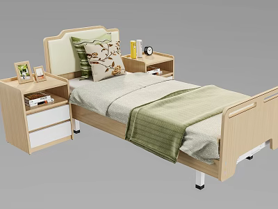 Wooden Single Bed with Upholstered Headboard Bedside Tables Patterned Pillow and Green Blanket 3d model