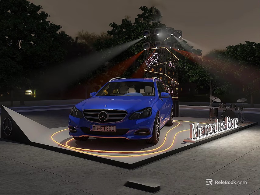 Blue Mercedes-Benz Car on Illuminated Display Platform With Stage Lights And Background Trees 3d model 