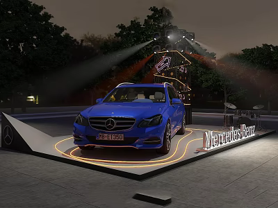 Blue Mercedes-Benz Car on Illuminated Display Platform With Stage Lights And Background Trees 3d model