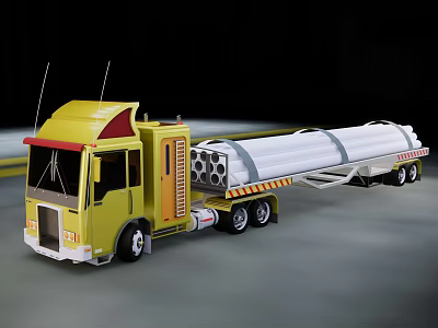 Yellow Utility Truck With Long Trailer Carrying Cylindrical Pipes on Road 3d model