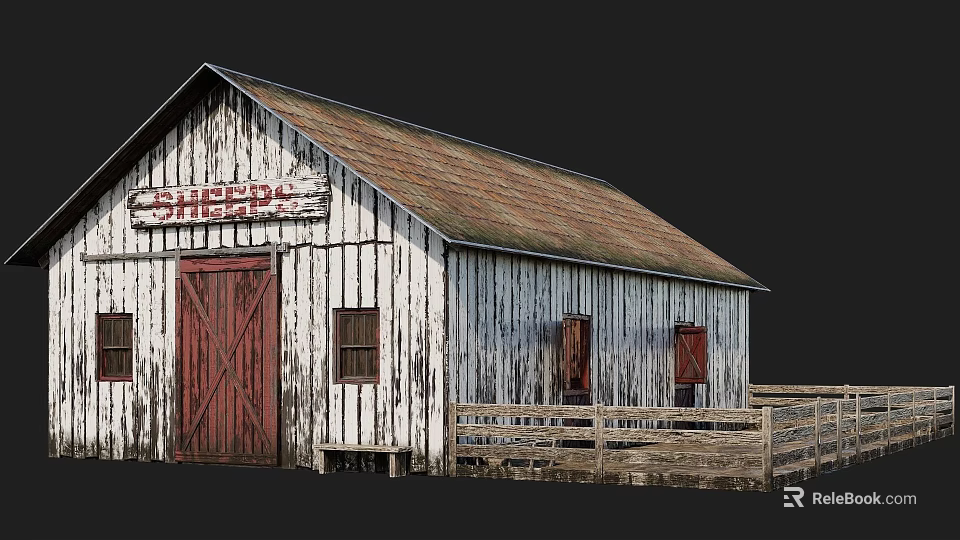 Old Cherry Barn With Weathered White Wooden Walls Red Door Brown Roof And Wooden Fence 3d model 