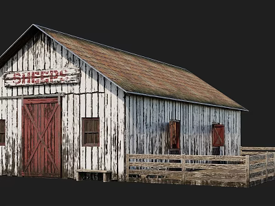 Old Cherry Barn With Weathered White Wooden Walls Red Door Brown Roof And Wooden Fence 3d model