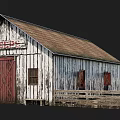 Old Cherry Barn With Weathered White Wooden Walls Red Door Brown Roof And Wooden Fence